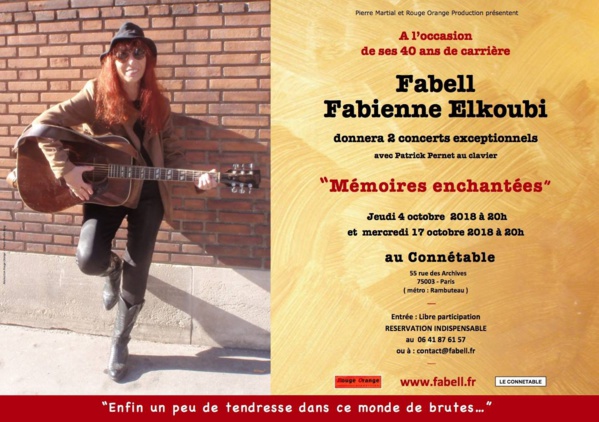 Plus que quelques jours pour réserver! Les 4 et 17 octobre 2018, 2 concerts exceptionnels de Fabell / Fabienne Elkoubi pour ses 40 ans de carrière!
