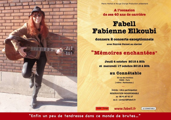 Plus que quelques jours pour réserver! Les 4 et 17 octobre 2018, 2 concerts exceptionnels de Fabell / Fabienne Elkoubi pour ses 40 ans de carrière! Plus que quelques jours pour réserver! Les 4 et 17 octobre 2018, 2 concerts exceptionnels de Fabell / Fabienne Elkoubi pour ses 40 ans de carrière!